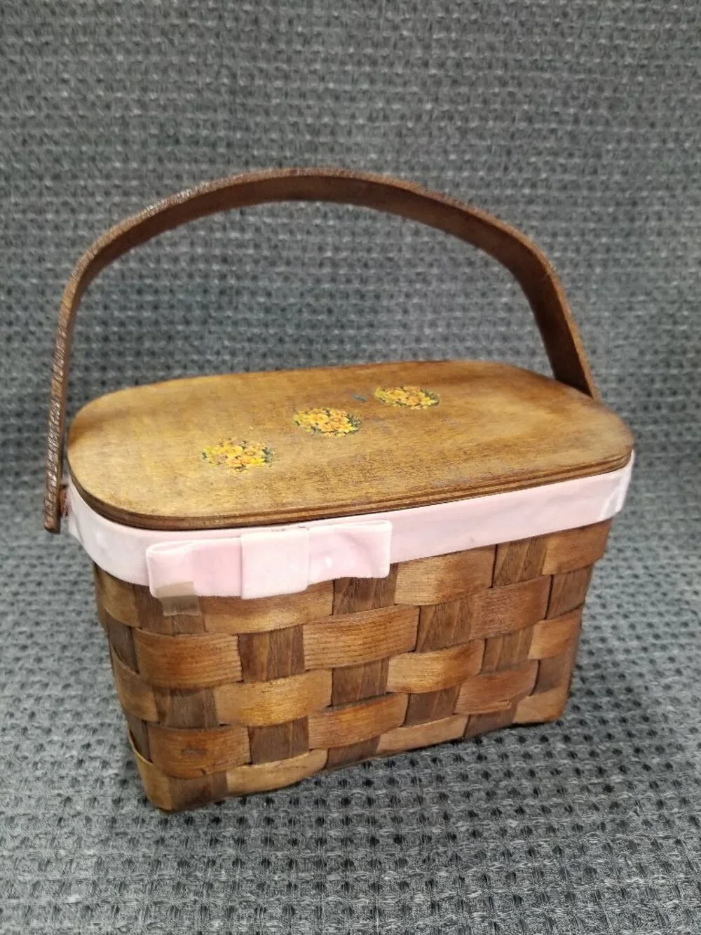 Vintage Wooden Basket with Lid and Handle